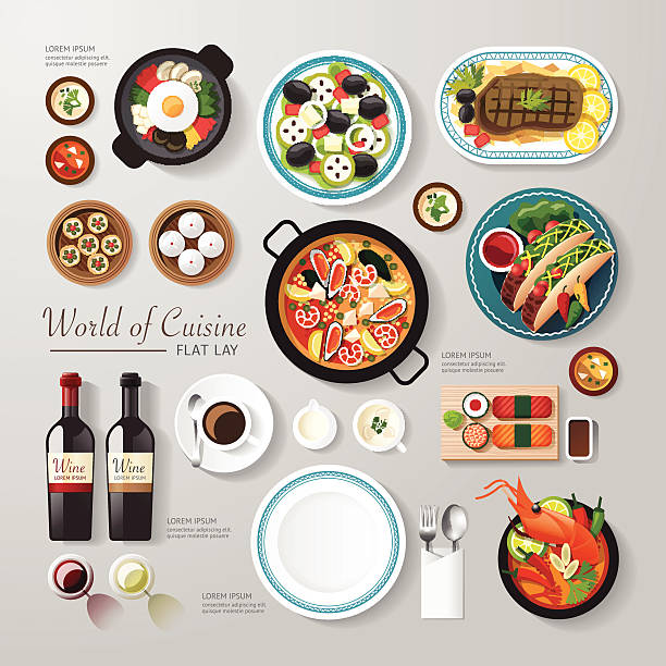 Infographic food business flat lay idea. Vector illustration Infographic food business flat lay idea. Vector illustration concept.can be used for layout, advertising and web design. korean icon stock illustrations