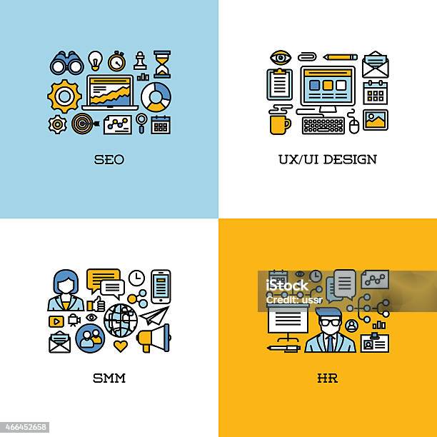 Flat Line Icons Set Of Seo Ui Design Smm Hr Stock Illustration - Download Image Now - 2015, Abstract, Advertisement