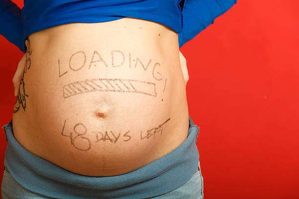 istock Pregnant woman with loading concept painted on her belly 466462474