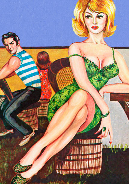 ilustraciones, imágenes clip art, dibujos animados e iconos de stock de hombre mirando a mujer en vestido verde - sex symbol illustrations