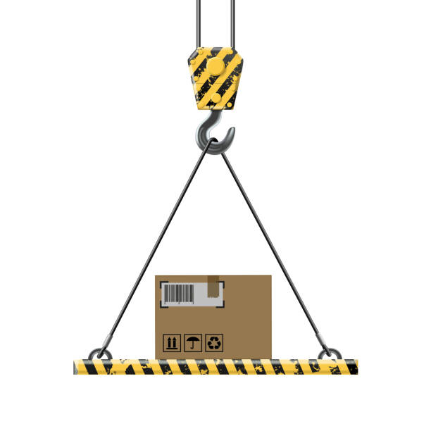 crane hält eine box mit cargotaschen - flaschenzug stock-grafiken, -clipart, -cartoons und -symbole