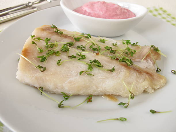 istock Perch fillet with beetroot and horseradish sauce 466468244