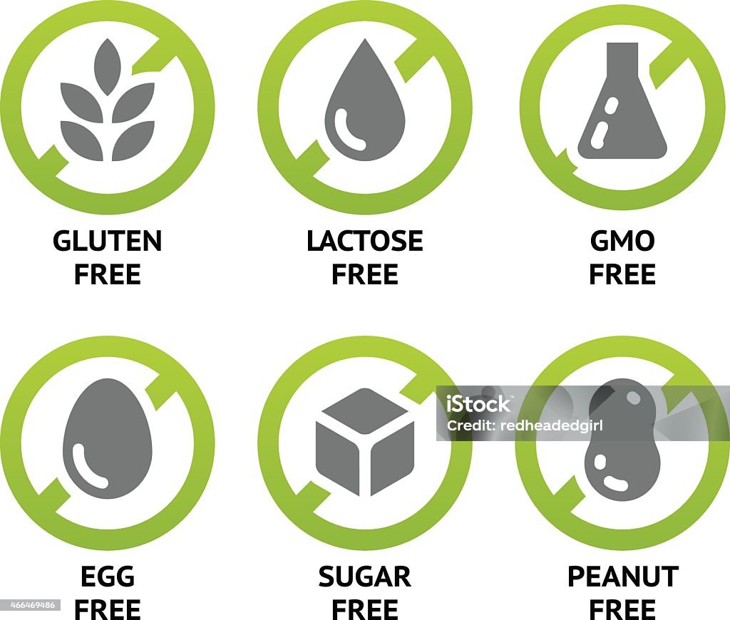 Food Dietary Labels Set of food labels for GMO free, sugar free and allergen free products. EPS 10. CMYK Icon Symbol stock vector