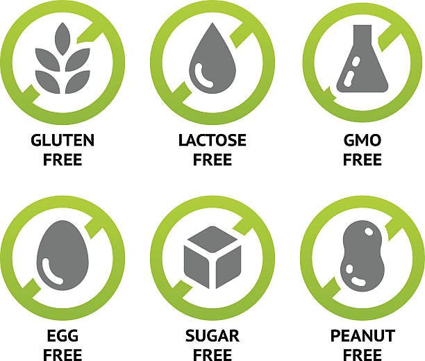 Food Dietary Labels Set of food labels for GMO free, sugar free and allergen free products. EPS 10. CMYK gluten free stock illustrations