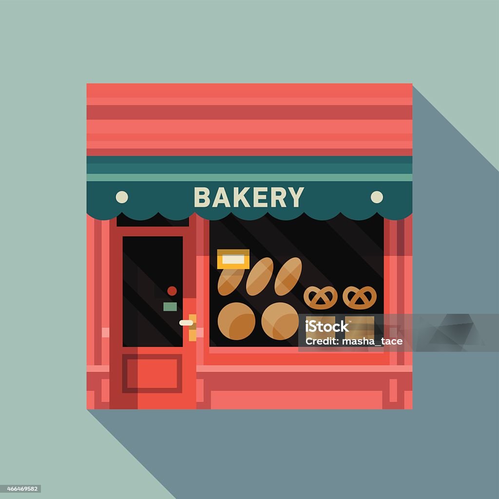 Retro style local bakery pink facade Vector modern flat design square architecture web icon on retro style local bakery shop store pink facade with awning and bread products exposed in window Bakery stock vector