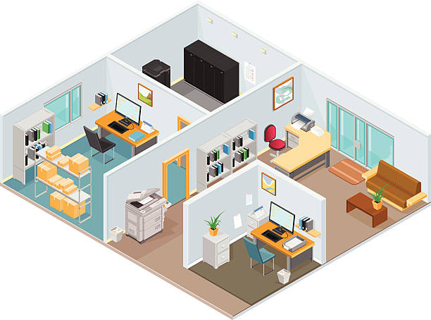 Isometric Office Interior A vector illustration of an open plan office interior. hot desking stock illustrations