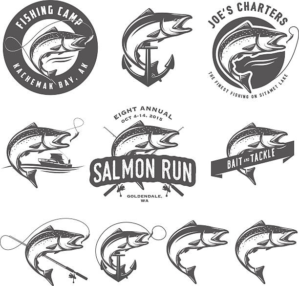 ilustraciones, imágenes clip art, dibujos animados e iconos de stock de pesca de salmón emblems vintage y elementos de diseño - silhouette swimming action adult