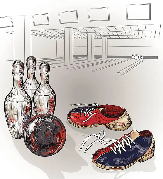 Vector illustration of pair of bowling shoes and bowling ball ready to hit pins