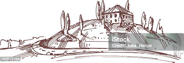 Hand Drawn Illustration Of An Italian House On Hill Stock Illustration - Download Image Now