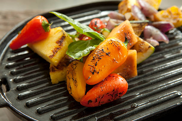 Grilled Peppers Grilled pepper kabobs with fruit and vegetables. griddle stock pictures, royalty-free photos & images