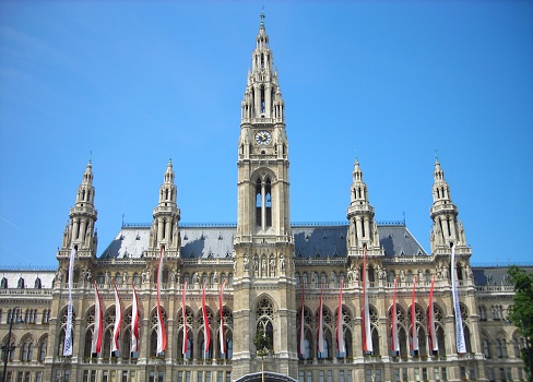 Elaborate architecture of The Rathaus (Town Hall) in Vienna, which serves as the seat both of the mayor and city council of the city of Vienna. The Rathaus was designed in the Neo-Gothic style and built in 19th century. 