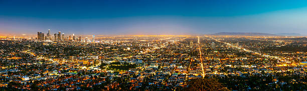Los Angeles Skyline Panorama at Dusk Los Angeles Skyline Panorama at Dusk, California griffith park photos stock pictures, royalty-free photos & images