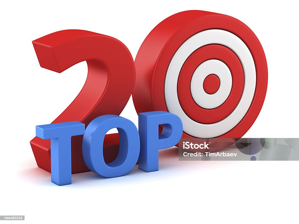 Top 20 Word Top 20 with dartboard on white background Accuracy Stock Photo