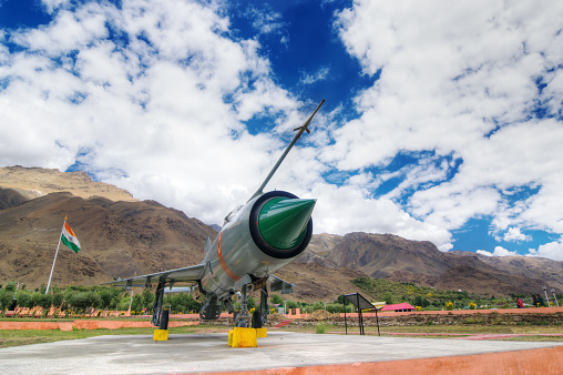 Kargil, Jammu and Kashmir / India  - September 1, 2014: A MIG - 21 fighter plane used by Indian Air Force (IAF) in high altitude Kargil war - 1999, between Pakistan and India, also called 