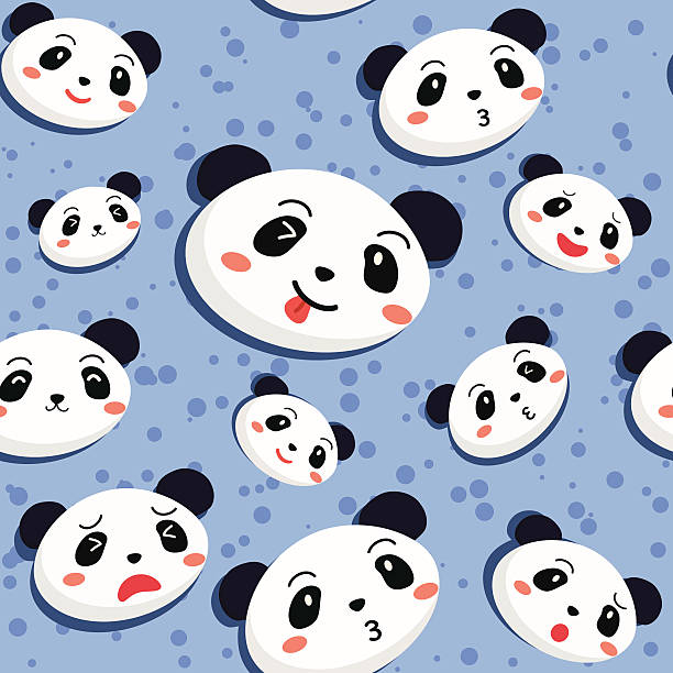Panda Seamless Pattern Blue Seamless pattern with many expression of cute panda face in blue background. background of the sad face black and white stock illustrations