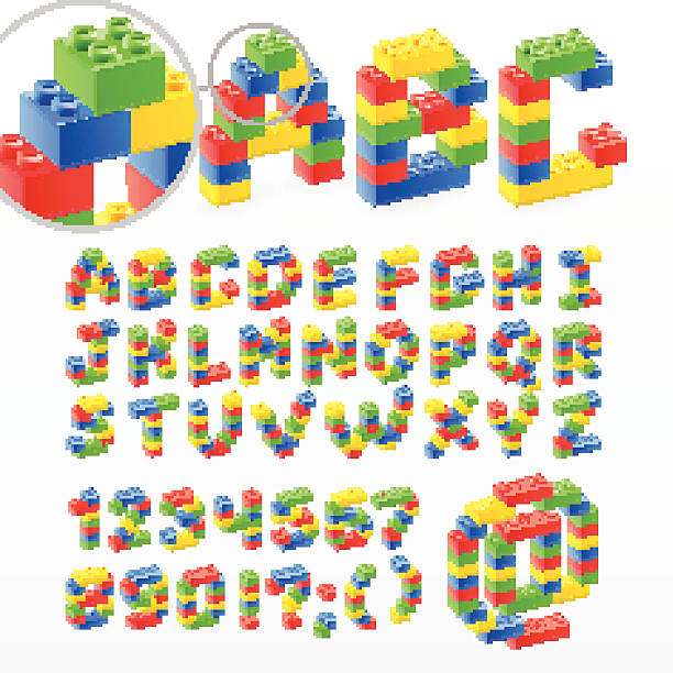 illustrations, cliparts, dessins animés et icônes de polices de jouets brique coloré avec des chiffres - alphabet brick construction toy