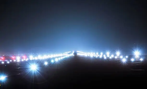Landing lights at night closeup