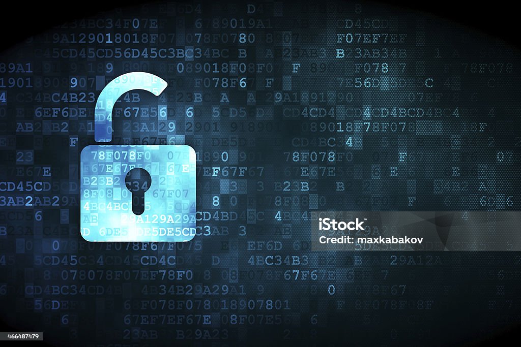 Safety concept: Opened Padlock on digital background Safety concept: pixelated Opened Padlock icon on digital background, empty copyspace for card, text, advertising, 3d render Data Stock Photo