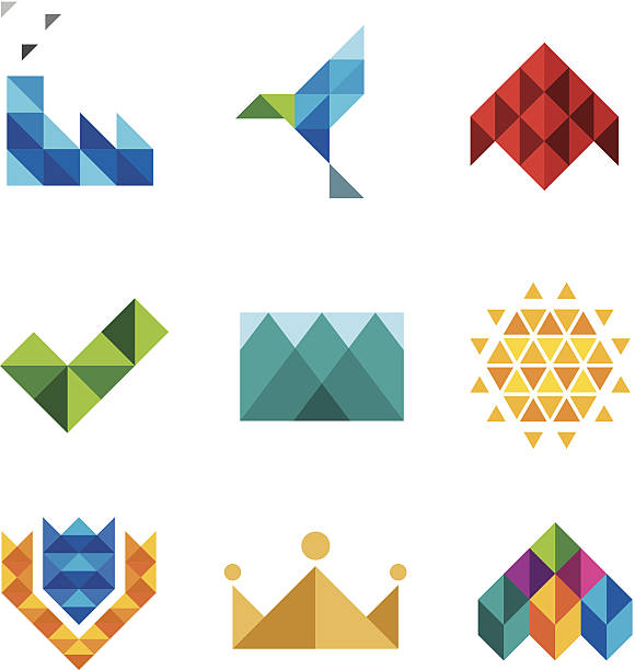 Computer pixel triangle object set series isolated white background icons vector art illustration