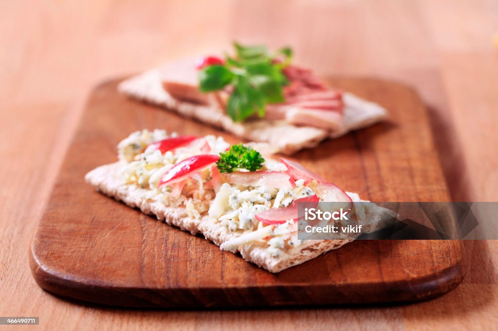 Crispbread with blue cheese and pate Crispbread with blue cheese and pate - closeup Appetizer Stock Photo