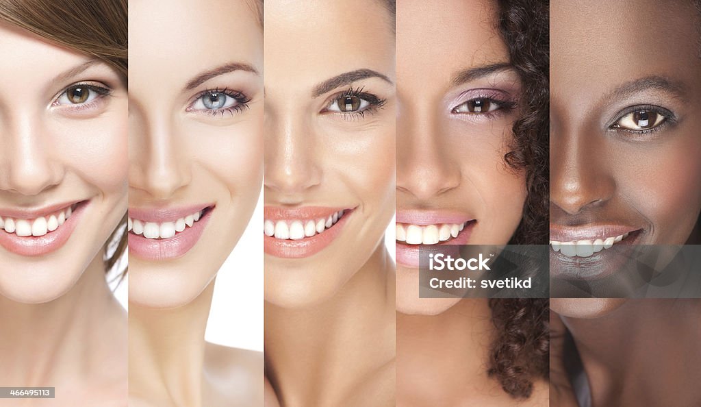 Close-up of 5 juxtaposed smiling young women Combination of different smiling women. Complexion Stock Photo