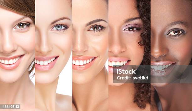 Closeup Of 5 Juxtaposed Smiling Young Women Stock Photo - Download Image Now - Complexion, Beauty, Multiracial Group