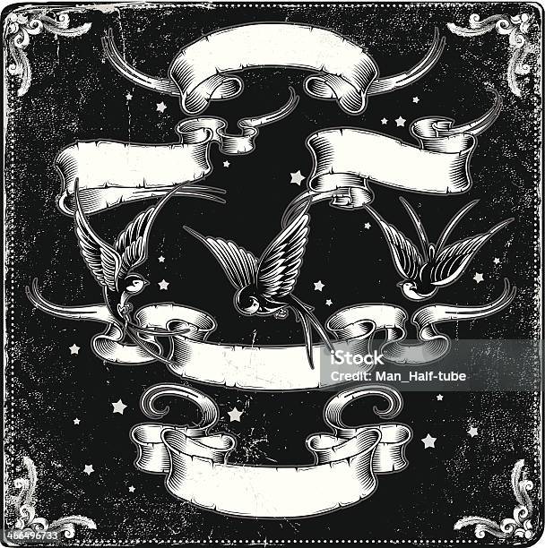 Illustration Of Ribbons And Birds In Black And White Stock Illustration - Download Image Now