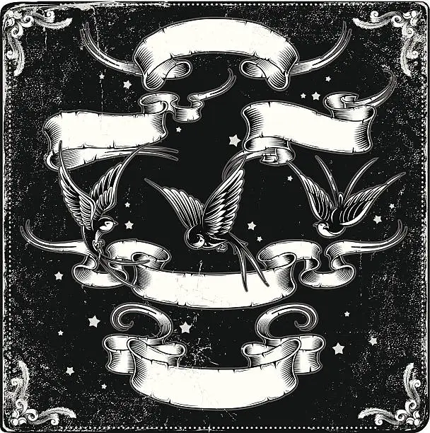 Vector illustration of Illustration of ribbons and birds in black and white