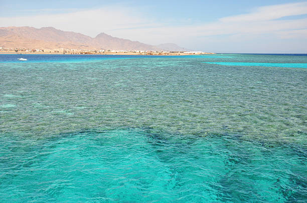 istock Blue shallow sea with coral reef and fluffy clouds landscape. 466500500