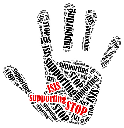 Stop ISIS. Word cloud illustration in shape of hand print showing protest.