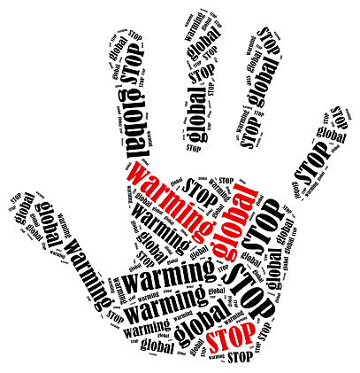 Stop global warming. Word cloud illustration in shape of hand print showing protest.