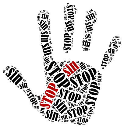 Stop sin. Word cloud illustration in shape of hand print showing protest.