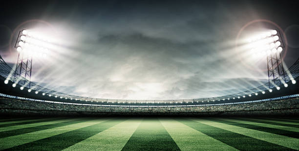 el estadio de fútbol y de las luces brillantes - rugby soccer grass playing field fotografías e imágenes de stock