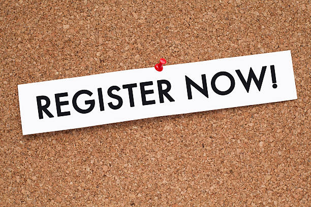 REGISTER NOW Register Now message on white paper pinned on cork noticeboard registration form photos stock pictures, royalty-free photos & images