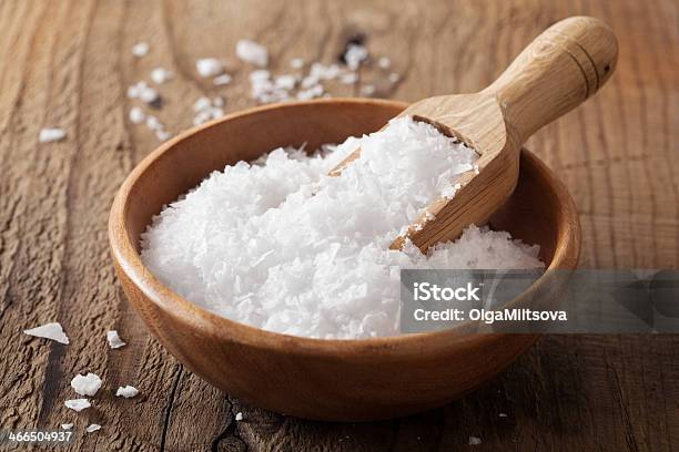 Sea Salt In Wooden Bowl And Scoop Stock Photo - Download Image Now - Bowl, Clean, Close-up