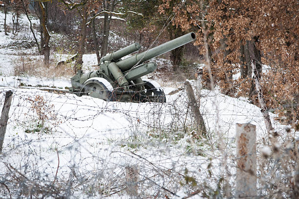 Defence line artillery in winter stock photo