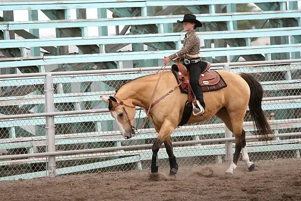 cowgirl contestant riding a horse in an arena during the fair and rodeo