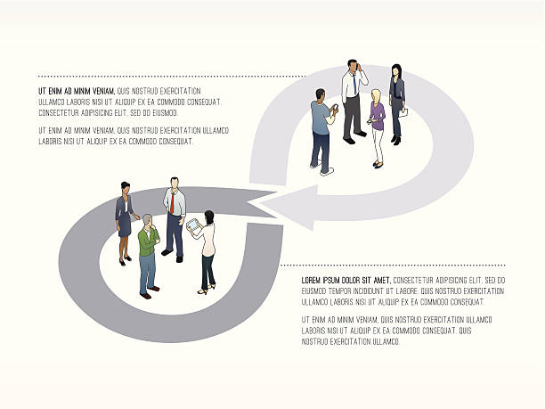 Two Step Cycle Template People stand on a 2 step cycle diagram. Sized for a standard presentation slide. Text is for suggested placement only. Use your preferred typeface. action plan three dimensional shape people stock illustrations