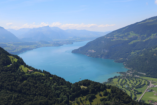 Aerial view of Swiss Alps and Lake Thun, Bernese Oberland