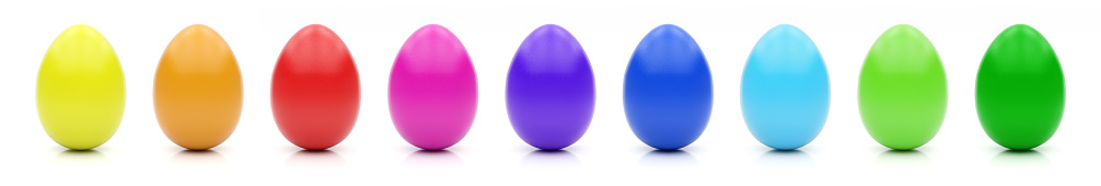 Nine colorful Easter eggs side by side on white background, isolated