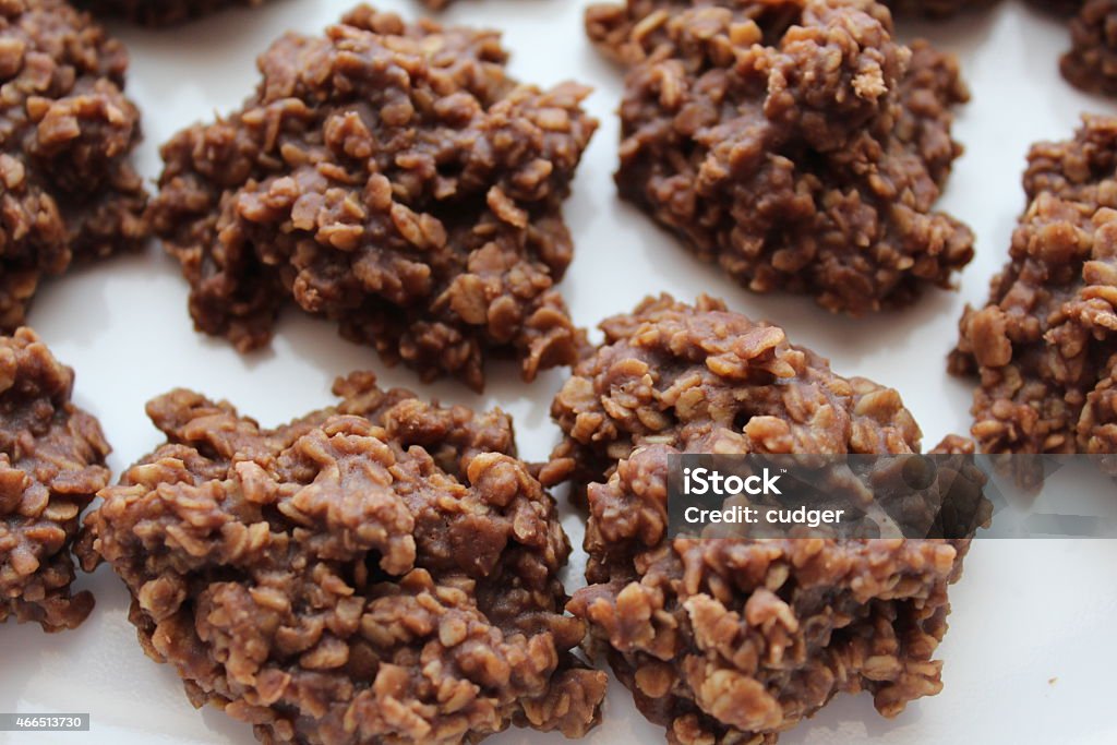 chocolate oatmeal drop cookies chocolate oatmeal drop cookies also called preacher cookies, and no bake cookies on a tray. 2015 Stock Photo