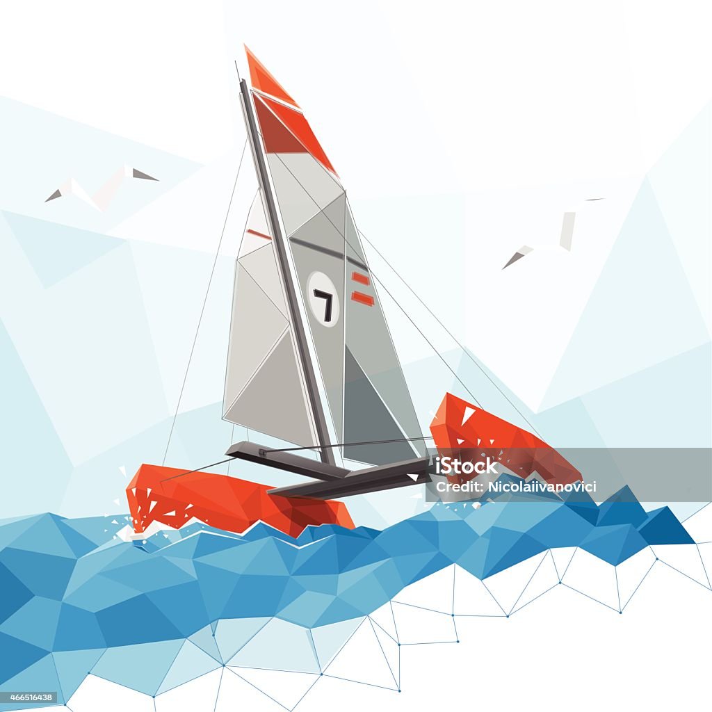 Low poly catamaran Low poly catamaran speeds on water Catamaran stock vector