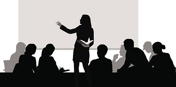 CollegeProfessor A female instructor leads a seminar. audience in lecture hall stock illustrations