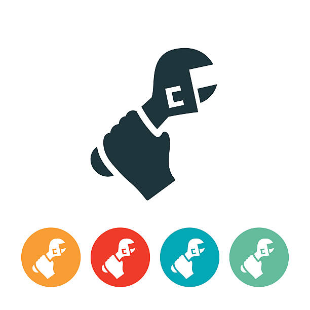 Hand Holding a Wrench Icon An icon of a human hand holding an adjustable wrench. The icons can be used to represent industry. hand wrench stock illustrations