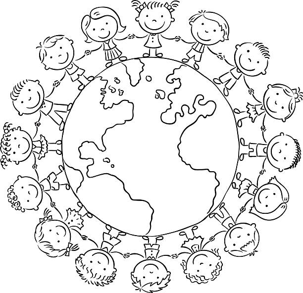 Children round the globe, outline Children round the Globe, black and white outline kids coloring pages stock illustrations