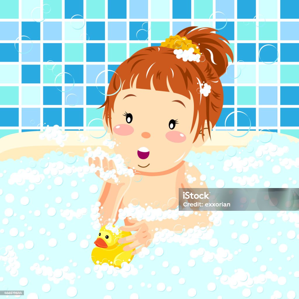 Girl In Bubblebath with Rubber Duck Girl in bubblebath with her yellow rubber duck. Bubble Bath stock vector