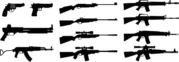 ilustraciones, imágenes clip art, dibujos animados e iconos de stock de silueta de pistola - gun weapon military m16