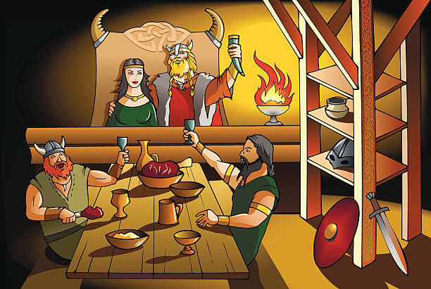 Vikings feast King and Queen of ancient Scandinavia feasting with brave warriors, vector illustration banquet chairs stock illustrations