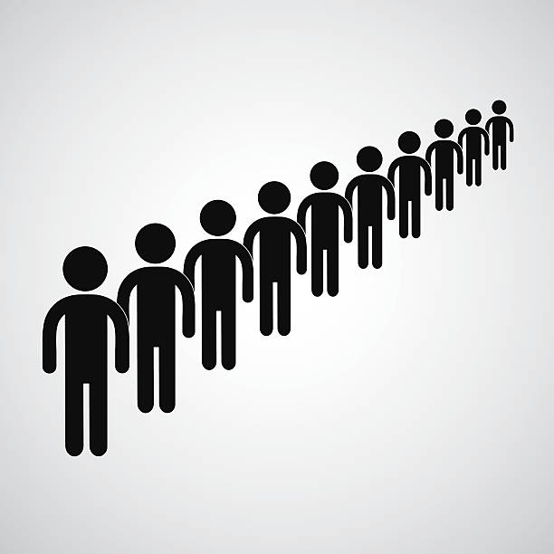 Black icons of people waiting in a long queue Long queue symbol vector format road marking stock illustrations