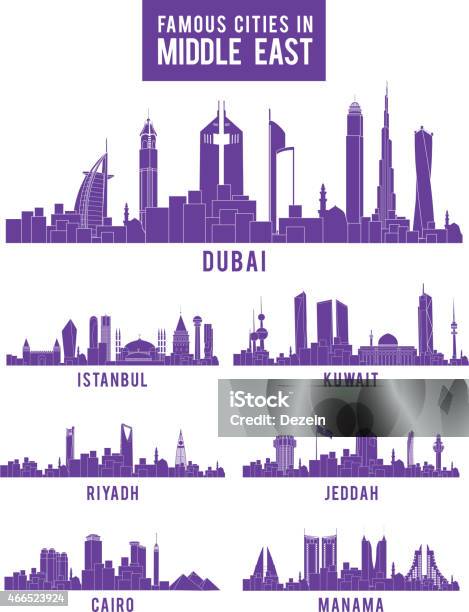 Set Of Cities In Middle East Famous Buildings Stock Illustration - Download Image Now - Urban Skyline, Dubai, Cairo